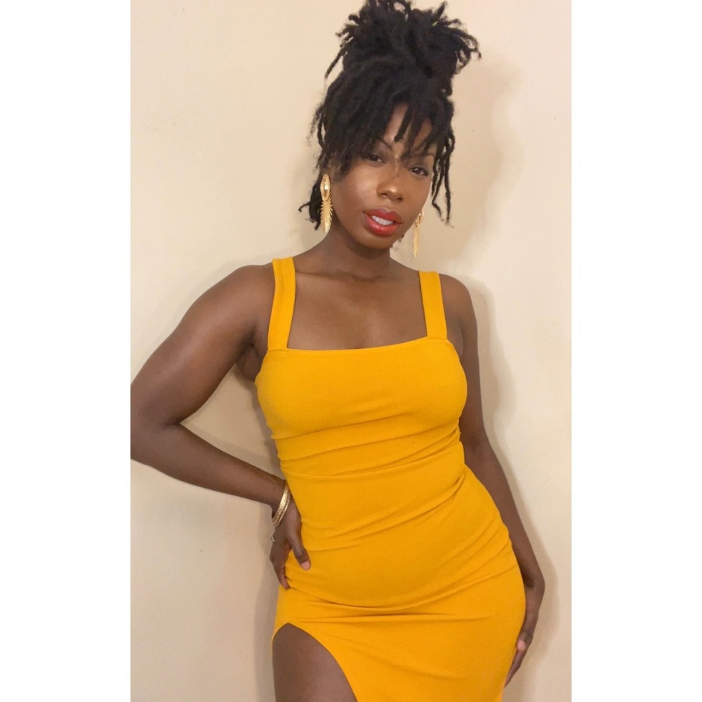 NWOT Yellow Square Neck Thigh Split Dress